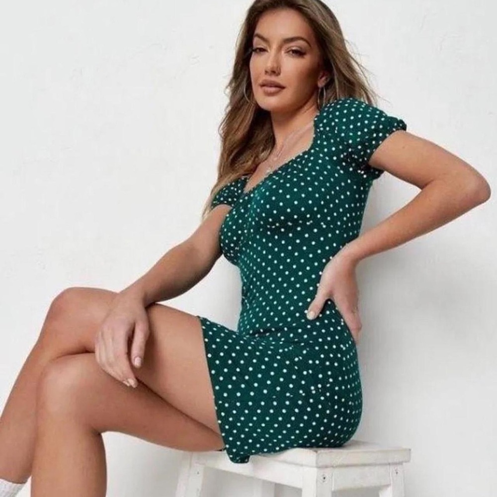 Missguided Milkmaid Bodycon Mini Dress Sexy Green Polka Dot Size US 14 US14